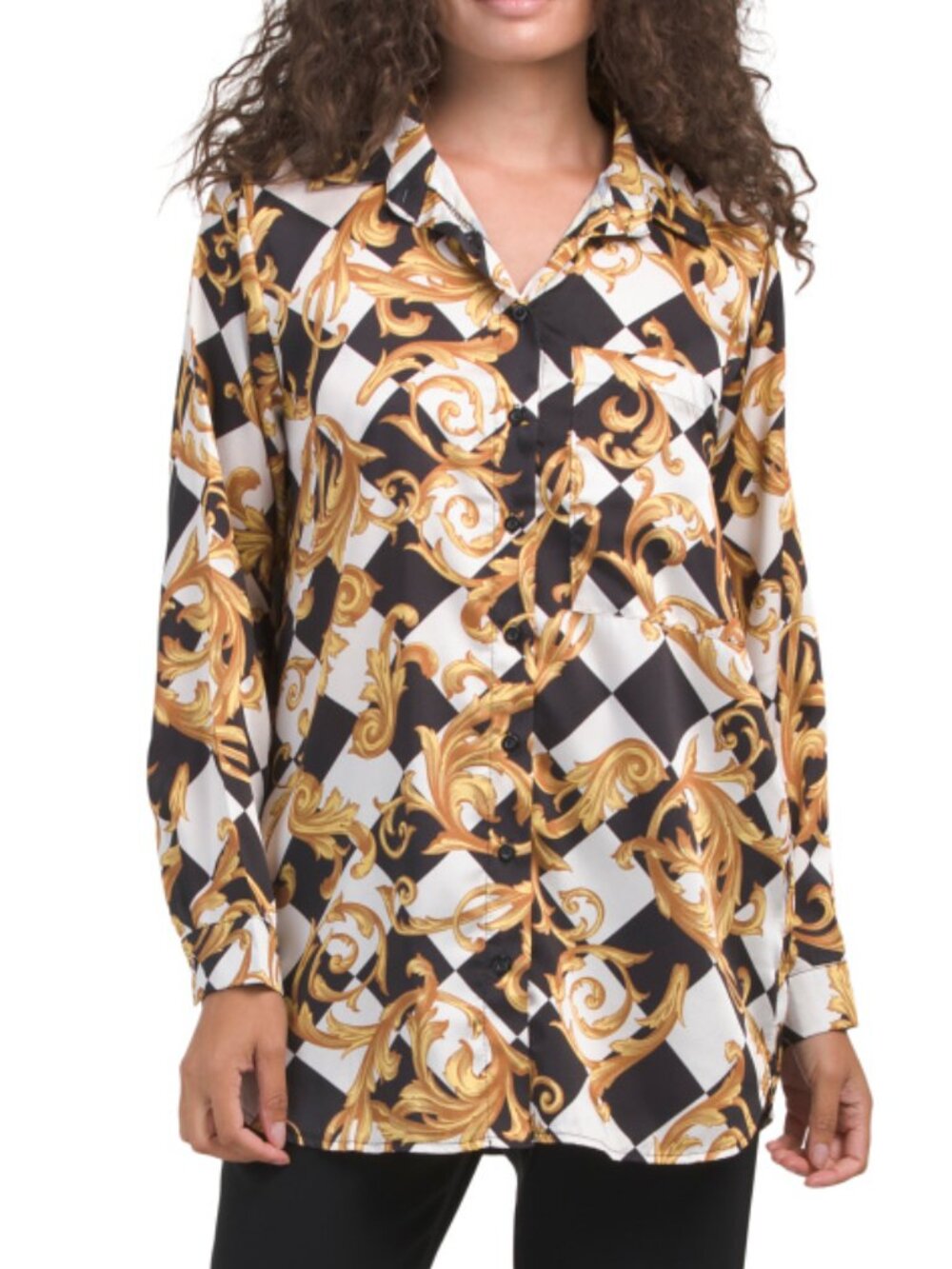 VENTI Made In Italy Checkered Damask Button Down Blouse